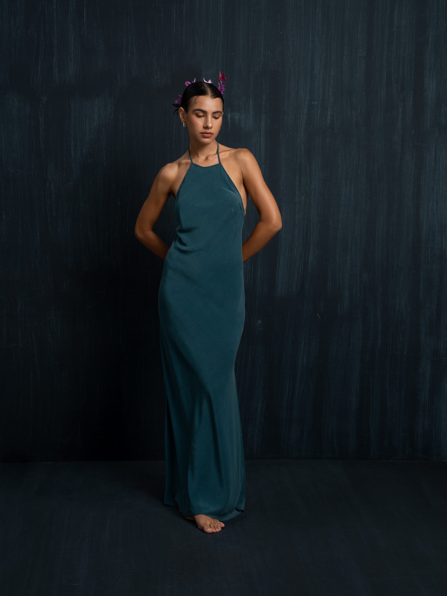 Emerald Green Silk Dress, Halter Maxi Long Bias, made in Bali S