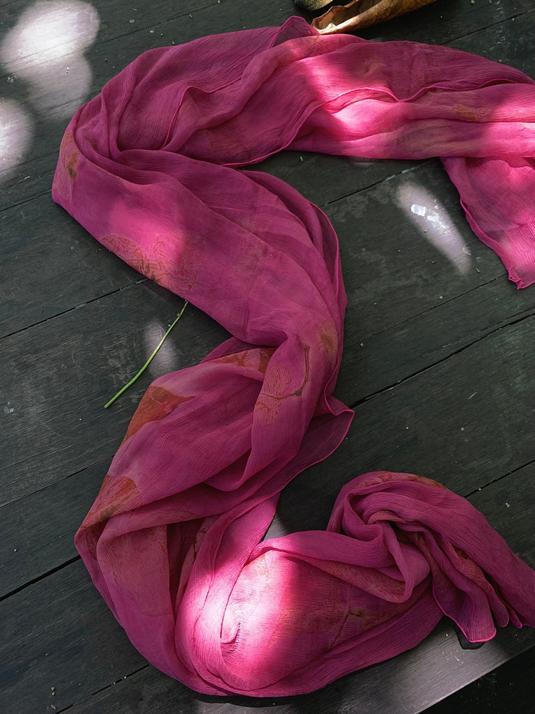 Eco-Print Silk Chiffon Scarf - Fuchsia Pink