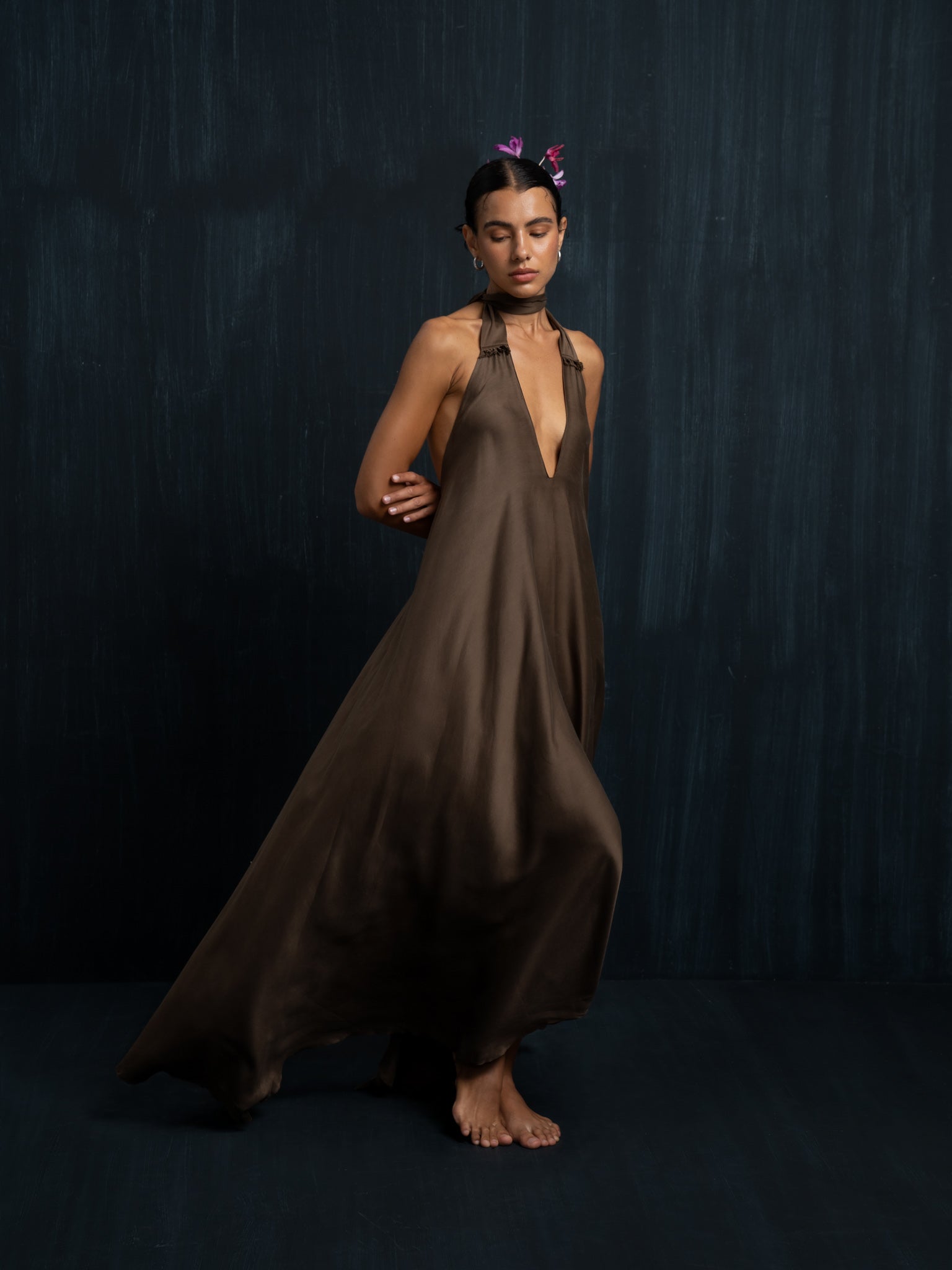 Brown Iron-Mud Dyed Silk Maxi Dress Rimmba | Sustainable Clothing Brown Iron-Mud Dyed Silk Maxi Dress Rimmba | Sustainable Clothing