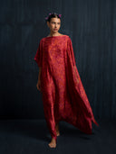 Flowing red eco-dyed mulberry silk kaftan with relaxed boat neckline and wide drape silhouette, handcrafted botanical-dyed maxi dress for luxury resort, formal, and evening wear