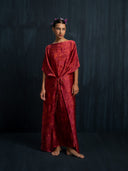 Red eco-dyed mulberry silk kaftan with adjustable waist tie, handcrafted botanical-dyed maxi dress for sustainable luxury fashion, perfect for formal, resort, and evening wear