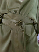 Close-up of the Bunga Kimono - Mint Green by Rimmba | Sustainable Clothing, featuring smooth mulberry silk with a luxurious sheen and a wide matching belt tied neatly, crafted using natural dye kimono techniques.