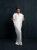 Minimalist ivory white silk kaftan, handmade maxi dress in 100% mulberry silk with sustainable botanical dye, perfect for bridal wear, summer holidays, and luxury beach styling