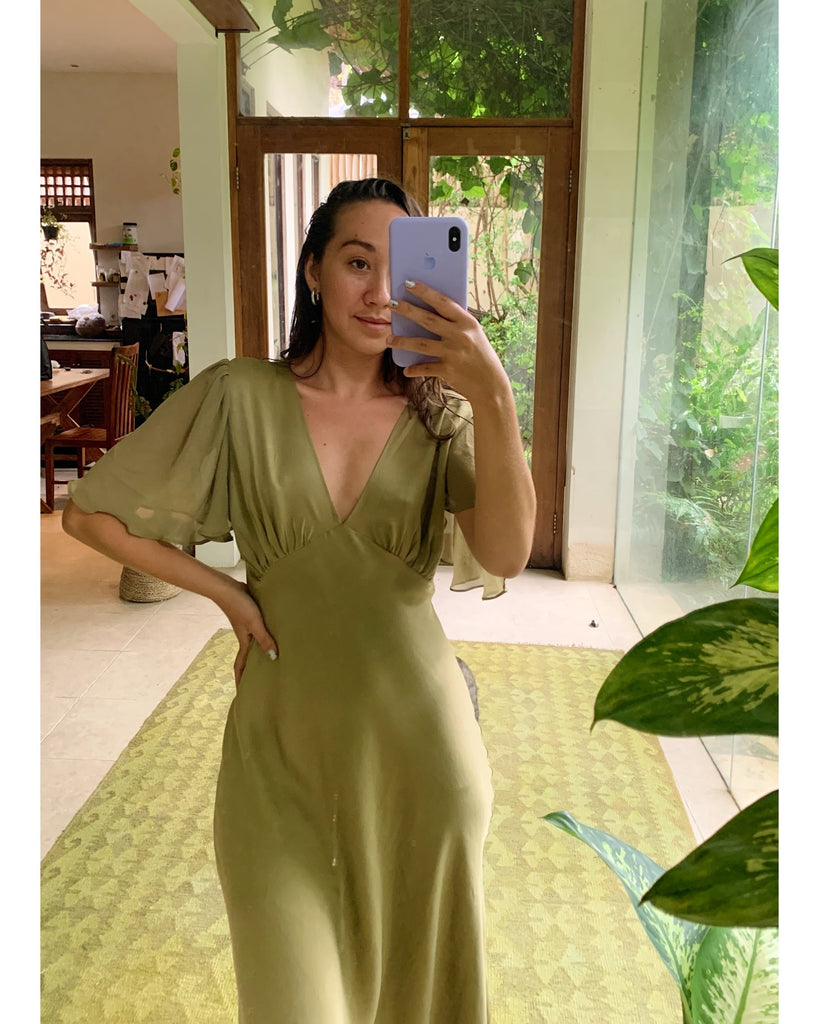 Olivia Vintage Silk Dress - Mustard Green