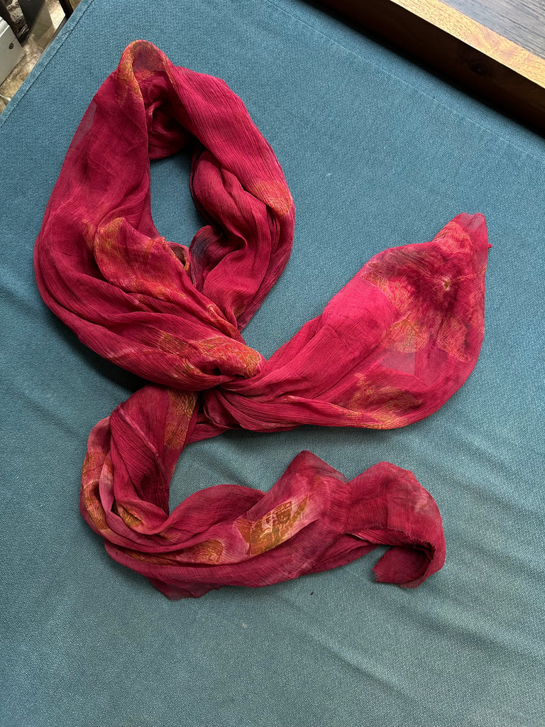 Eco-Print Silk Chiffon Scarf - Red