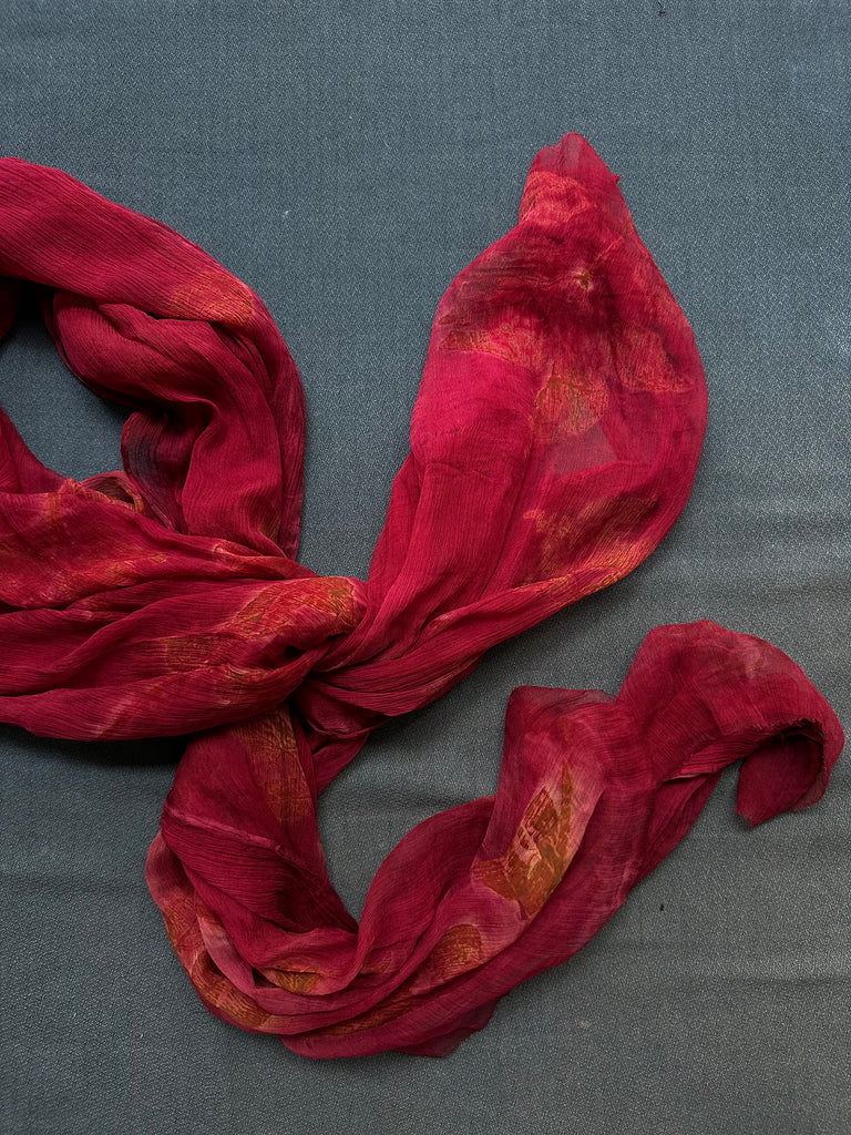 Eco-Print Silk Chiffon Scarf - Red