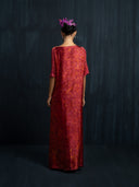 Back view of straight-cut red eco-dyed mulberry silk kaftan with boat neckline, handcrafted botanical-dyed maxi dress for sustainable luxury fashion and resort wear
