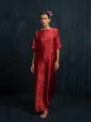 Straight-cut red eco-dyed mulberry silk kaftan with boat neckline and relaxed fit, handcrafted botanical-dyed maxi dress for sustainable luxury resort, evening, and formal fashion.