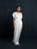Ivory white mulberry silk kaftan with deep V-neck and relaxed fit, handcrafted in sustainable botanical dye, luxury maxi dress for bridal, formal events, and resort vacations
